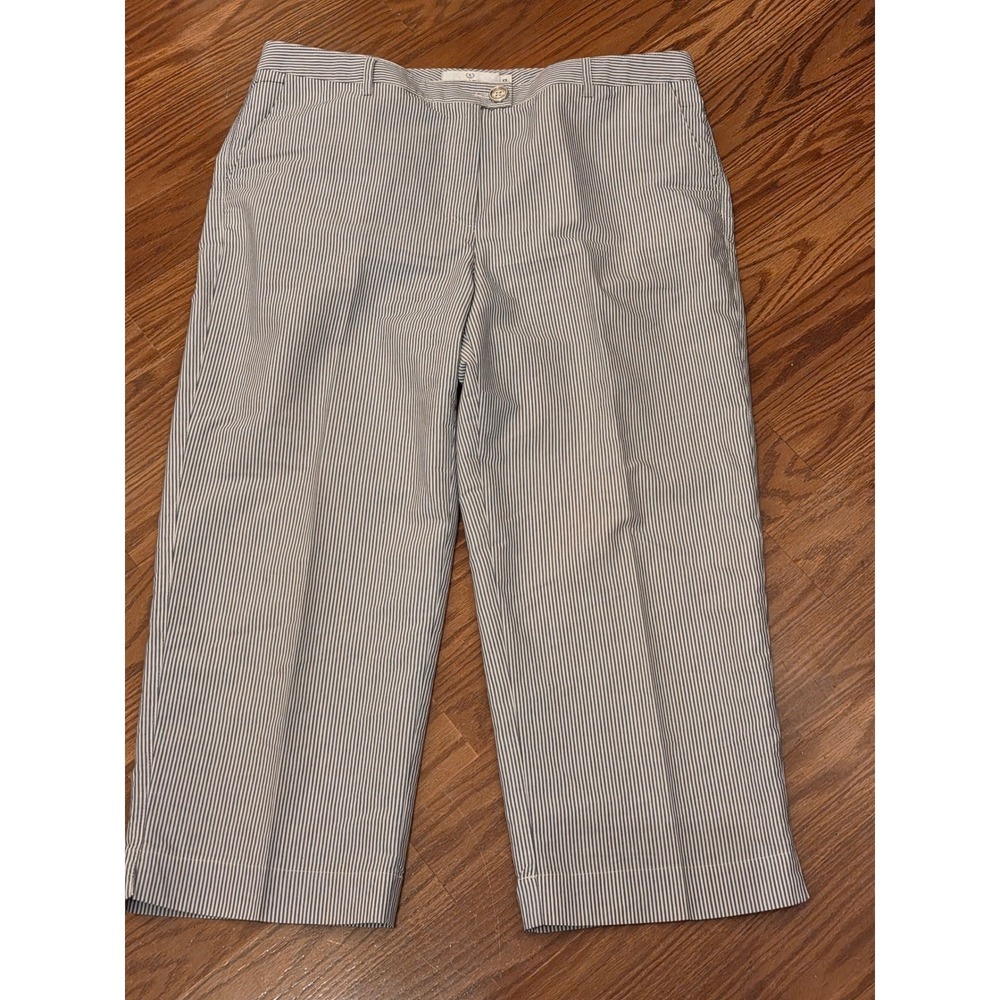 Bugatchi Women Blue White Striped Cropped Pants Seersucker Wide Leg Size 12